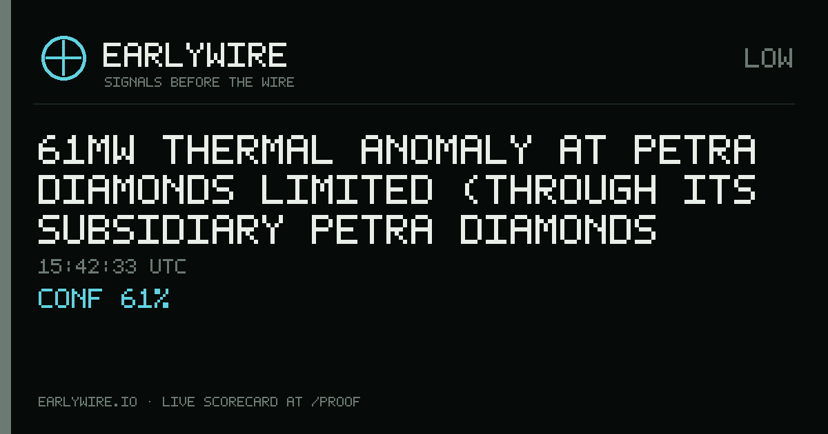 61MW thermal anomaly at Petra Diamonds Limited (through its subsidiary Petra Diamonds Alto Cuilo Ltd.), 36% — EARLYWIRE event card