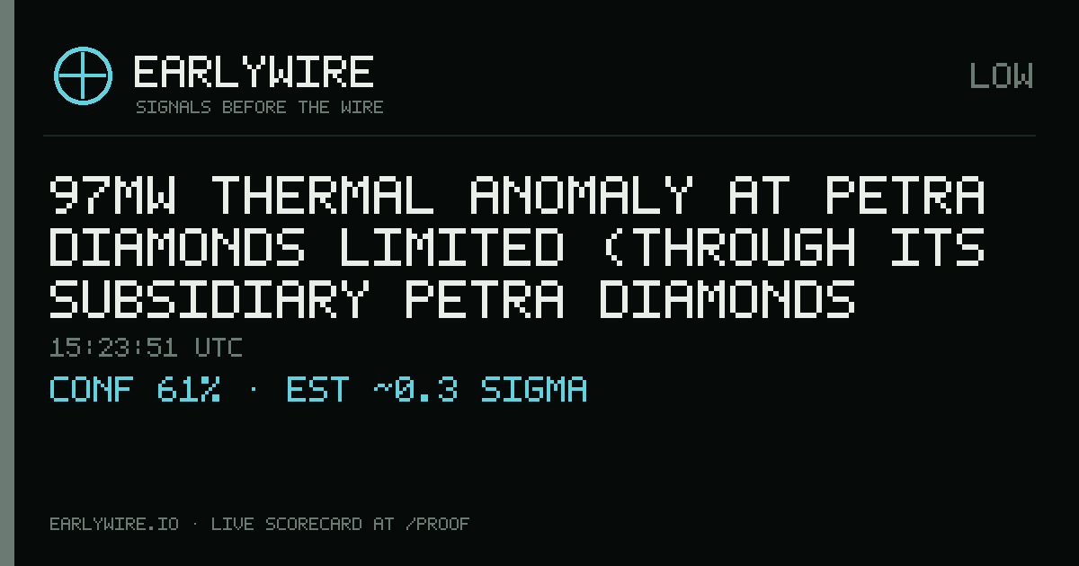 97MW thermal anomaly at Petra Diamonds Limited (through its subsidiary Petra Diamonds Alto Cuilo Ltd.), 36% — EARLYWIRE event card