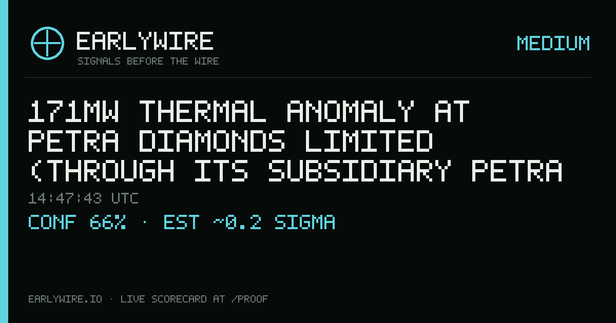 171MW thermal anomaly at Petra Diamonds Limited (through its subsidiary Petra Diamonds Alto Cuilo Ltd.), 36% — EARLYWIRE event card
