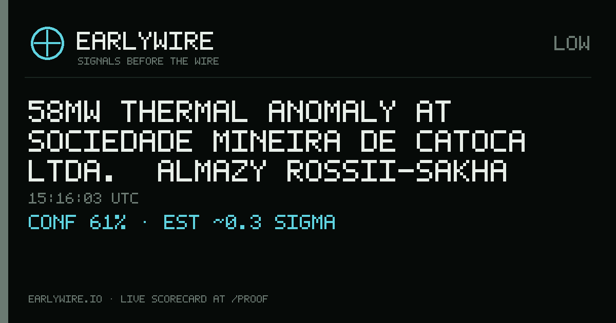 58MW thermal anomaly at Sociedade Mineira de Catoca Ltda. [Almazy Rossii-Sakha Joint Stock (Alrosa), 32.8%; Leviev Group, 18%; Odebretch Mining Services Inc., 16.4%] — EARLYWIRE event card