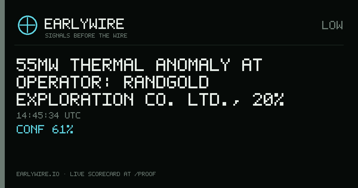 55MW thermal anomaly at operator: RandGold & Exploration Co. Ltd., 20% interest — EARLYWIRE event card