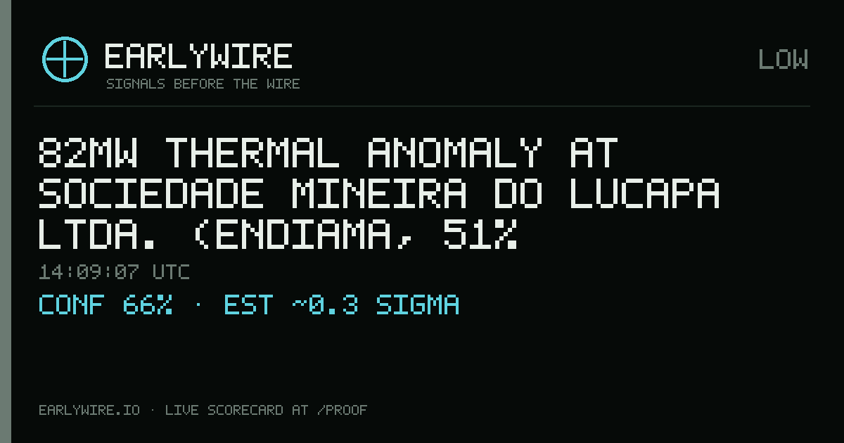 82MW thermal anomaly at Sociedade Mineira do Lucapa Ltda. (Endiama, 51%; Sociedade Portuguesa de Empreendimentos, 49%) — EARLYWIRE event card