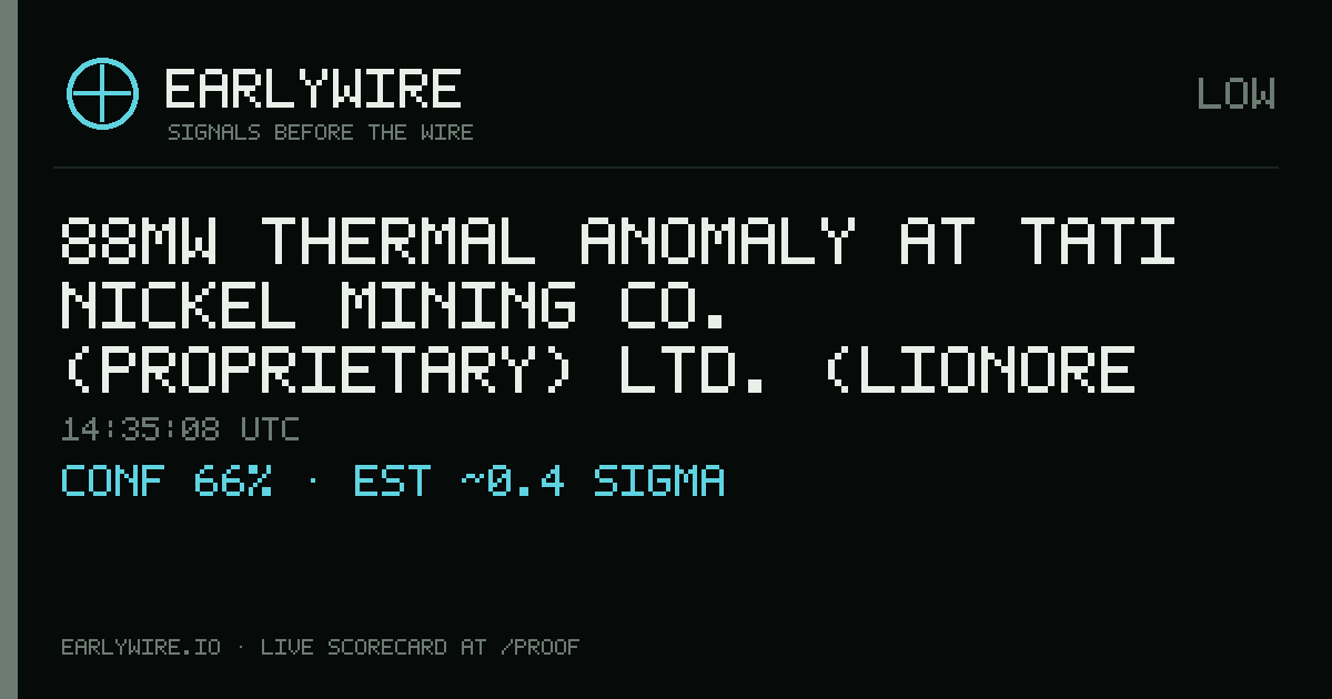 88MW thermal anomaly at Tati Nickel Mining Co. (Proprietary) Ltd. (LionOre Mining International Ltd., 85%) — EARLYWIRE event card