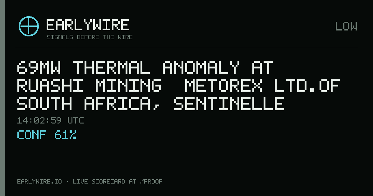 69MW thermal anomaly at Ruashi Mining [Metorex Ltd.of South Africa, Sentinelle Global Investments (Proprietary) Limited and Gecamines] — EARLYWIRE event card