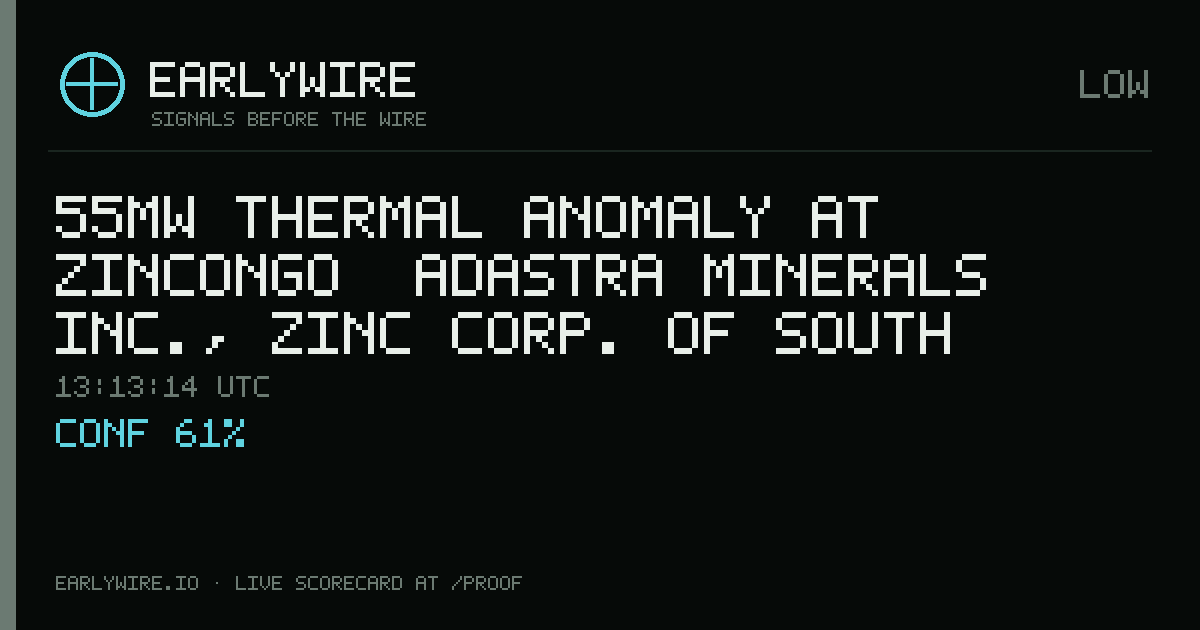 55MW thermal anomaly at Zincongo [Adastra Minerals Inc., Zinc Corp. of South Africa Ltd. (subsidiary of Kumba Resources Ltd. - 50% option), and Gecamines] — EARLYWIRE event card