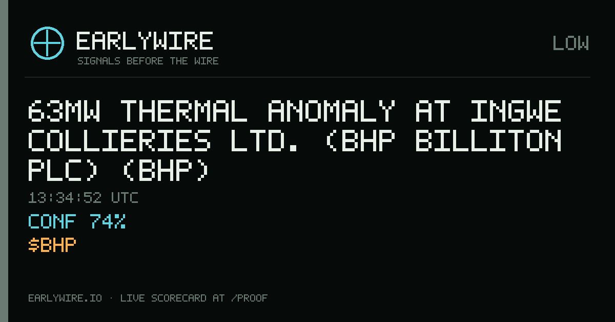 63MW thermal anomaly at Ingwe Collieries Ltd. (BHP Billiton Plc) (BHP) — EARLYWIRE event card