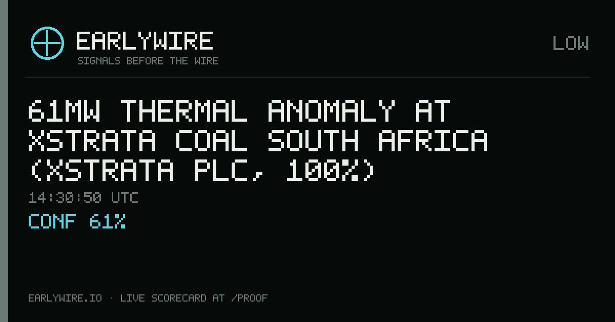 61MW thermal anomaly at Xstrata Coal South Africa (Xstrata plc, 100%) — EARLYWIRE event card