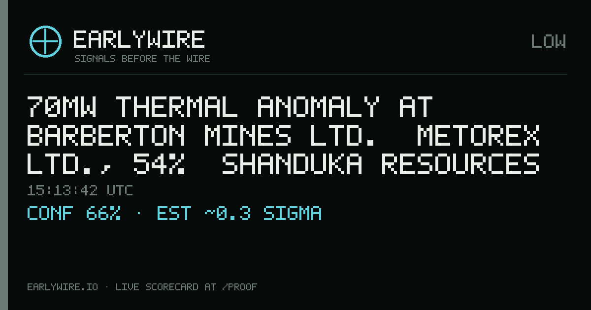 70MW thermal anomaly at Barberton Mines Ltd. [Metorex Ltd., 54%;  Shanduka Resources (Pty) Ltd., 26%;  Crew Development Corp. (Canada), 20%] — EARLYWIRE event card