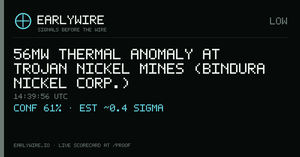 56MW thermal anomaly at Trojan Nickel Mines (Bindura Nickel Corp.) — EARLYWIRE event card