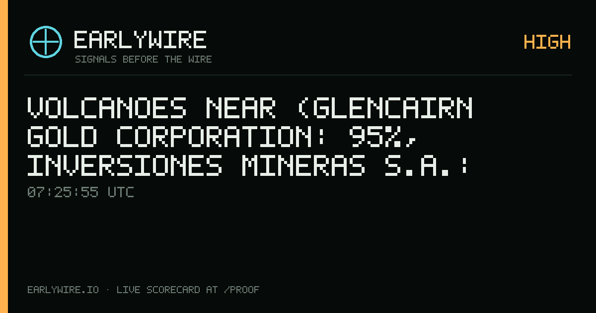 Volcanoes near (Glencairn Gold Corporation: 95%, Inversiones Mineras S.A.: 5%): El Limon Mine, Talavera deposit, 100 miles north of Managua — EARLYWIRE event card