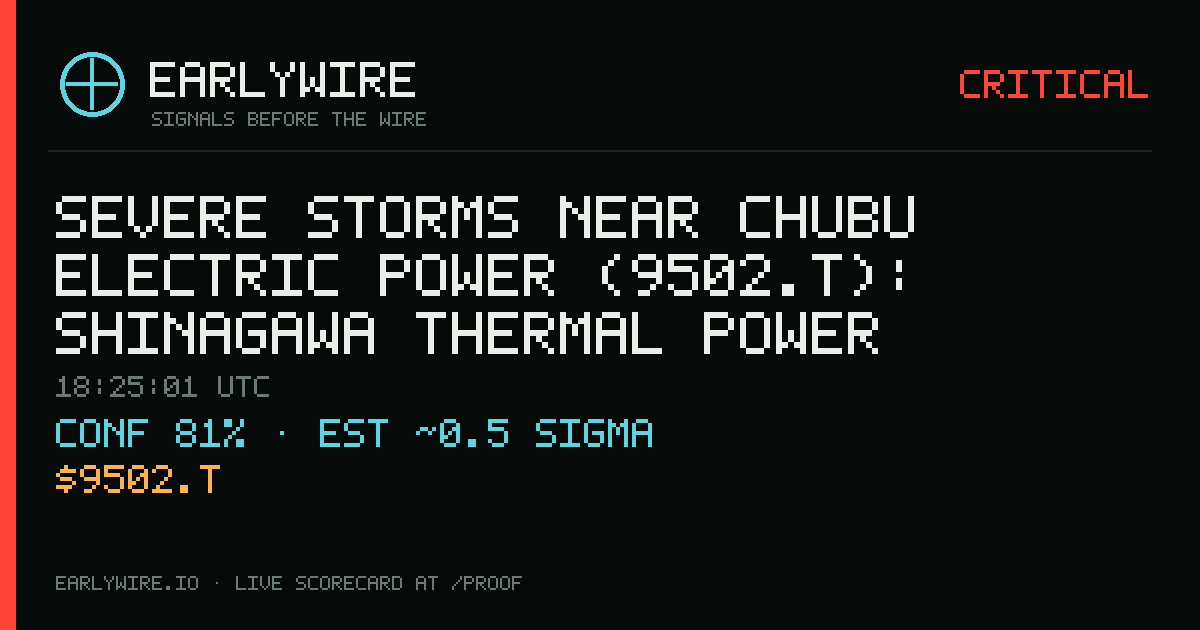 Severe Storms near Chubu Electric Power (9502.T): Shinagawa thermal power station +18 — EARLYWIRE event card